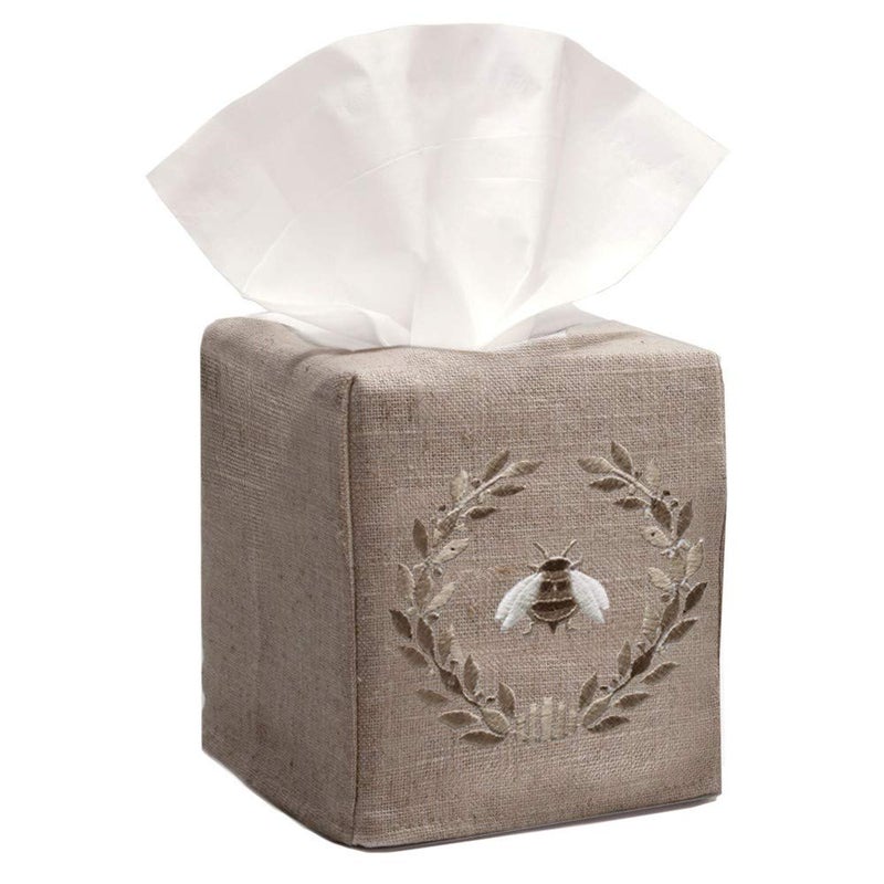Jacaranda Living Square Tissue Box Cover, Natural Linen/Cotton Fabric Tissue Holder, Timeless French Embroidery, Decorative Tissue Cube Cover, Naploeon Bee Wreath (Beige) - Image 1